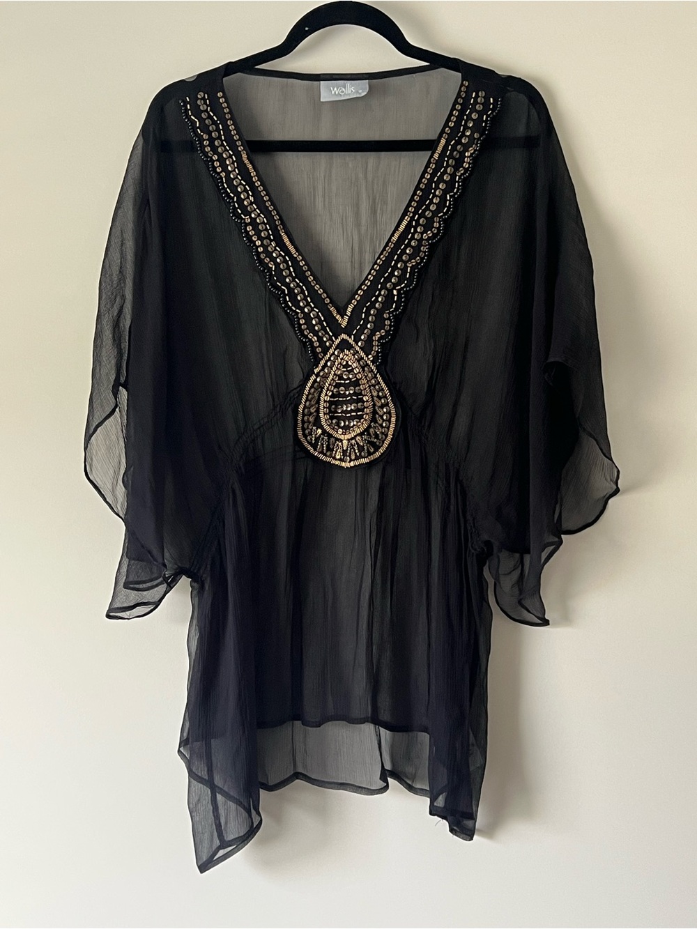 Wallis Black Sheer and Bronze Gold Embellished Tunic Blouse or Cover Up